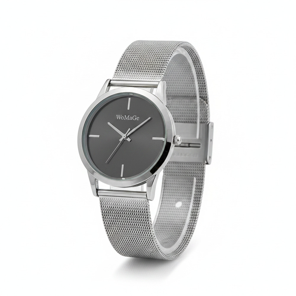 WoMaGe Mens Watch Gray Dial Silver Case Silver Mesh Bracelet Quartz Analog